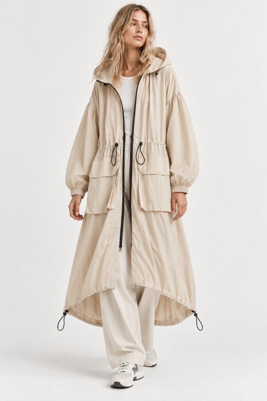 H&M Move Womens XL Beige Oversized Hood Raincoat Long Utility Jacket Lightweight